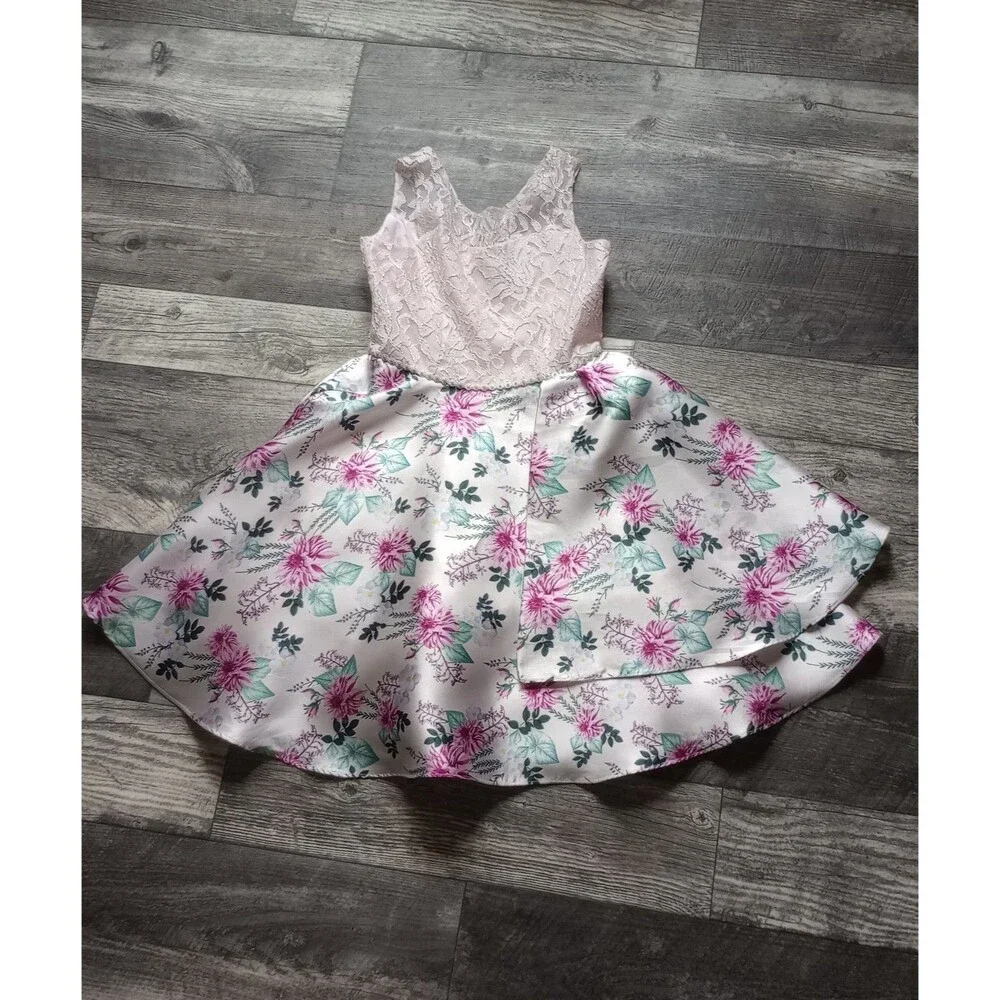 Emily Rose Girls 16 White/Pink Floral Sleeveless Gown